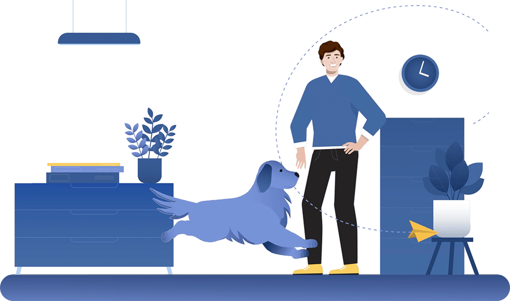 Illustration of a man standing in an office setting with a blue dog jumping towards him. The office has a modern design with a clock on the wall, plants, and furniture in various shades of blue. A paper airplane is also visible, adding a playful touch to the scene.