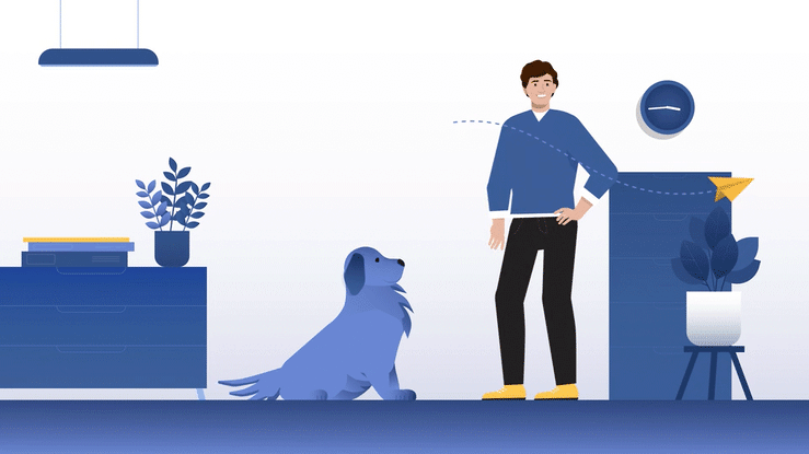 Animated illustration of a man standing next to a dog, with a paper airplane flying towards the man. The setting appears to be an office environment with plants and furniture in the background.