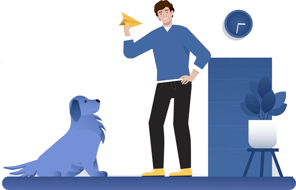 A man in a blue sweater holding a yellow paper airplane stands next to a blue dog, with a clock and a potted plant in the background.