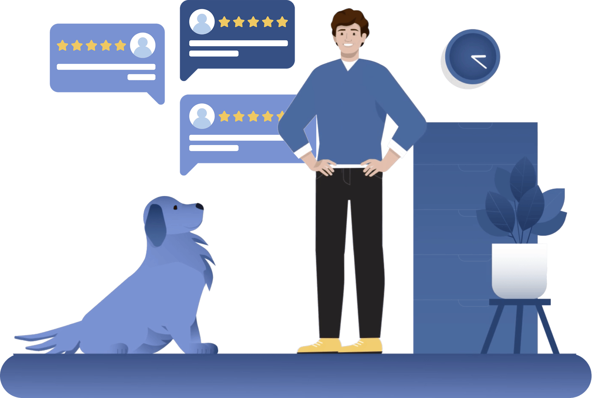 Illustration of a man and a dog with speech bubbles showing five-star reviews.