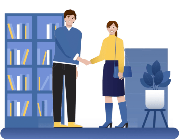 Illustration of a man and a woman shaking hands in an office setting.