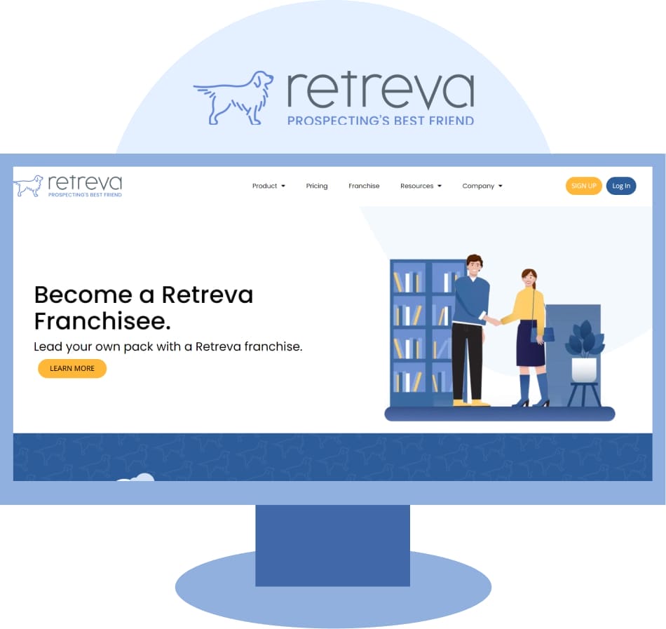 The image shows the homepage of Retreva, inviting visitors to become franchisees and "lead your own pack" with a Retreva franchise, accompanied by a "Learn More" button.