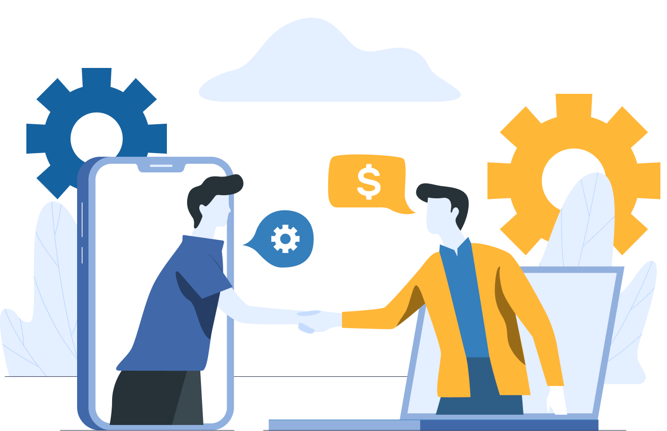 This image features a stylized illustration depicting two figures engaging in a business transaction across digital platforms, with one figure emerging from a smartphone and shaking hands with another who is at a computer. The scene is adorned with large gears and cloud motifs, symbolizing technology and cloud computing, with a speech bubble containing a dollar sign to indicate the financial aspect of their interaction. This illustration effectively represents modern, tech-driven business collaborations.