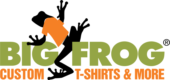 Logo for Big Frog Custom T-Shirts & More, featuring the text "BIG FROG" in green with an orange t-shirt icon integrated into the letter "I". The words "CUSTOM T-SHIRTS & MORE" are in orange below the main text.