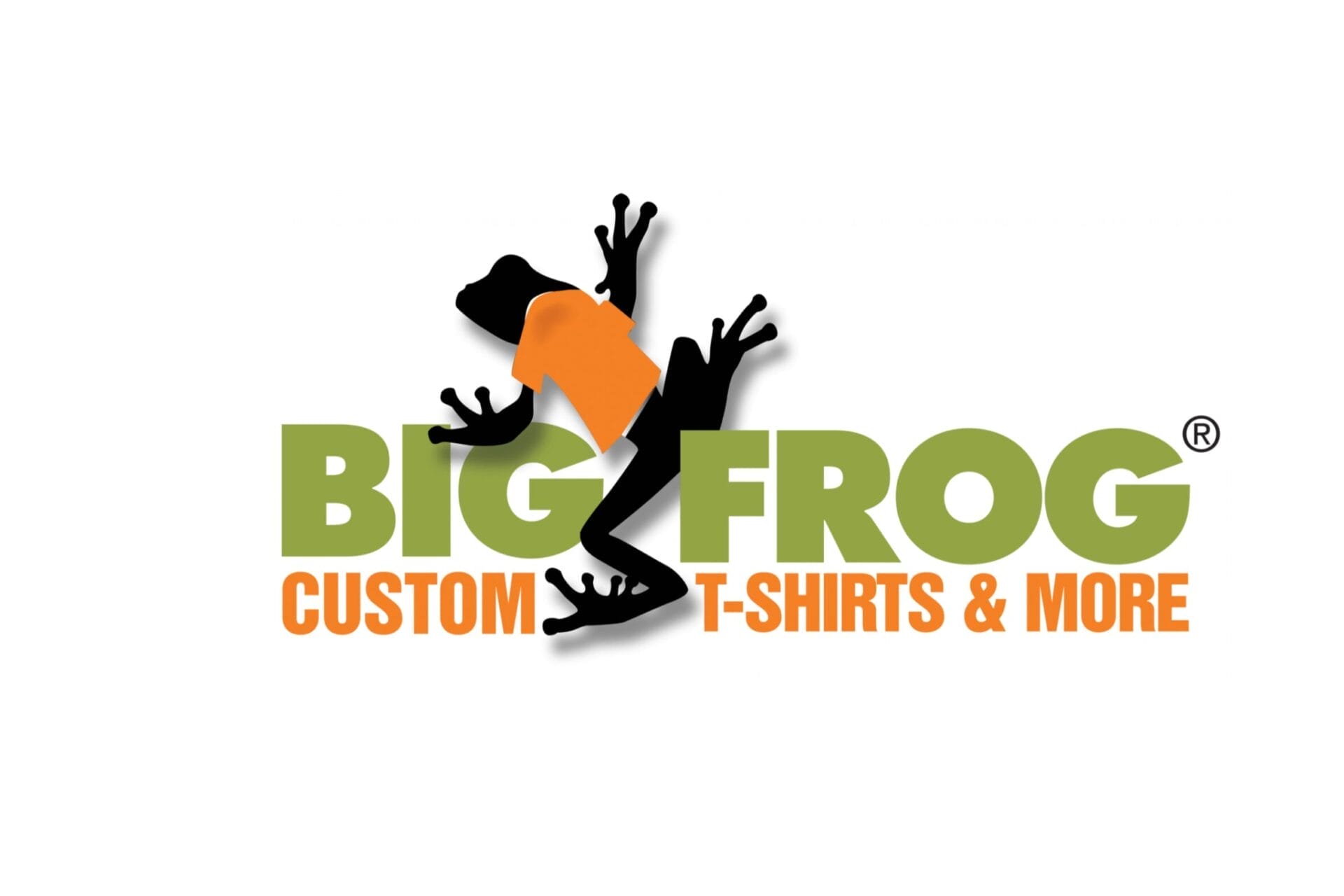 Logo for Big Frog featuring a silhouette of a frog wearing an orange t-shirt, with the text "Big Frog" in green and "Custom T-Shirts & More" in orange.