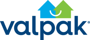 Logo for Valpak featuring the word "valpak" in blue lowercase letters with two stylized house shapes above, one in blue and the other in green, joined by a white semicircle.