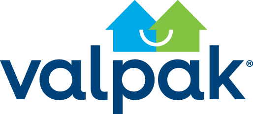 Logo for Valpak featuring the word "valpak" in blue lowercase letters with two stylized house shapes above, one in blue and the other in green, joined by a white semicircle.