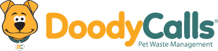 Logo for DoodyCalls featuring an illustrated dog's head with a collar on the left and the text "DoodyCalls" in orange and green, followed by the tagline "Pet Waste Management" in green.