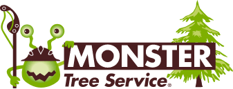 Logo for Monster Tree Service featuring an illustrated green monster with a staff on the left and a green tree on the right. The text "MONSTER" is in bold white letters on a brown background, with "Tree Service" in brown letters below.