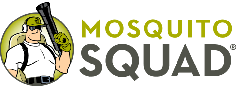 Logo for Mosquito Squad featuring a cartoon character wearing a hat, gloves, and a backpack, holding a spray gun, inside a green circle. The text "Mosquito Squad" is next to the character, with "Mosquito" in green and "Squad" in gray.